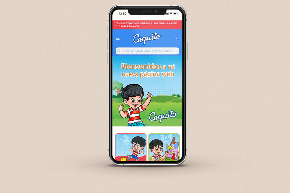 Imagen de un iphone con la web de Coquito en su pantalla.