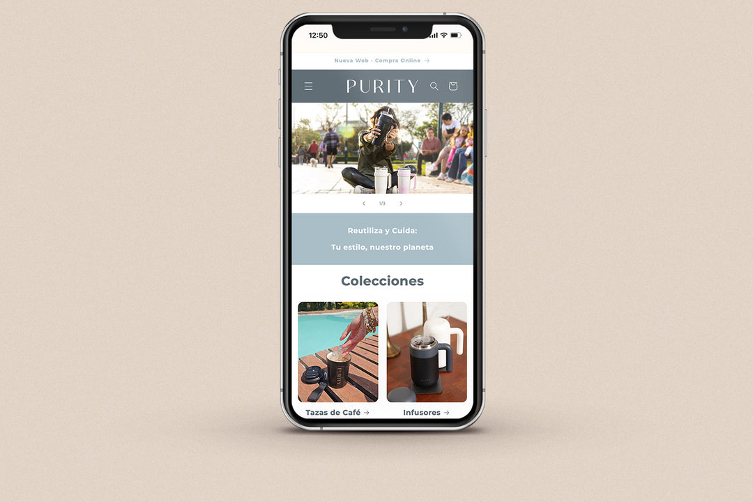 Imagen de un iphone con la web de Purity en su pantalla.